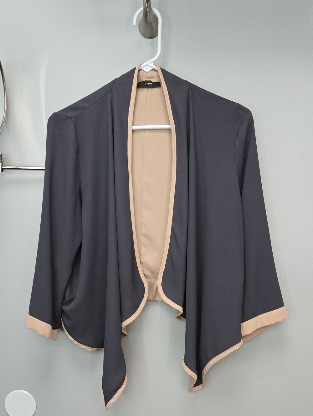 Draped Open-Front Blazer in Charcoal with Beige Trim